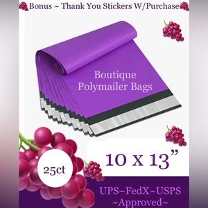 25ct ~ 10x13” ~ Poly Mailer Bags 🍇🆕🍇Bonus ⭐️ W/25ct Free Thank You Stickers